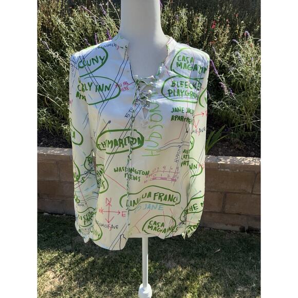 Lingua Franca Blouse S Hudson Graphic Silk Peasant Top New White Green - Picture 3 of 14